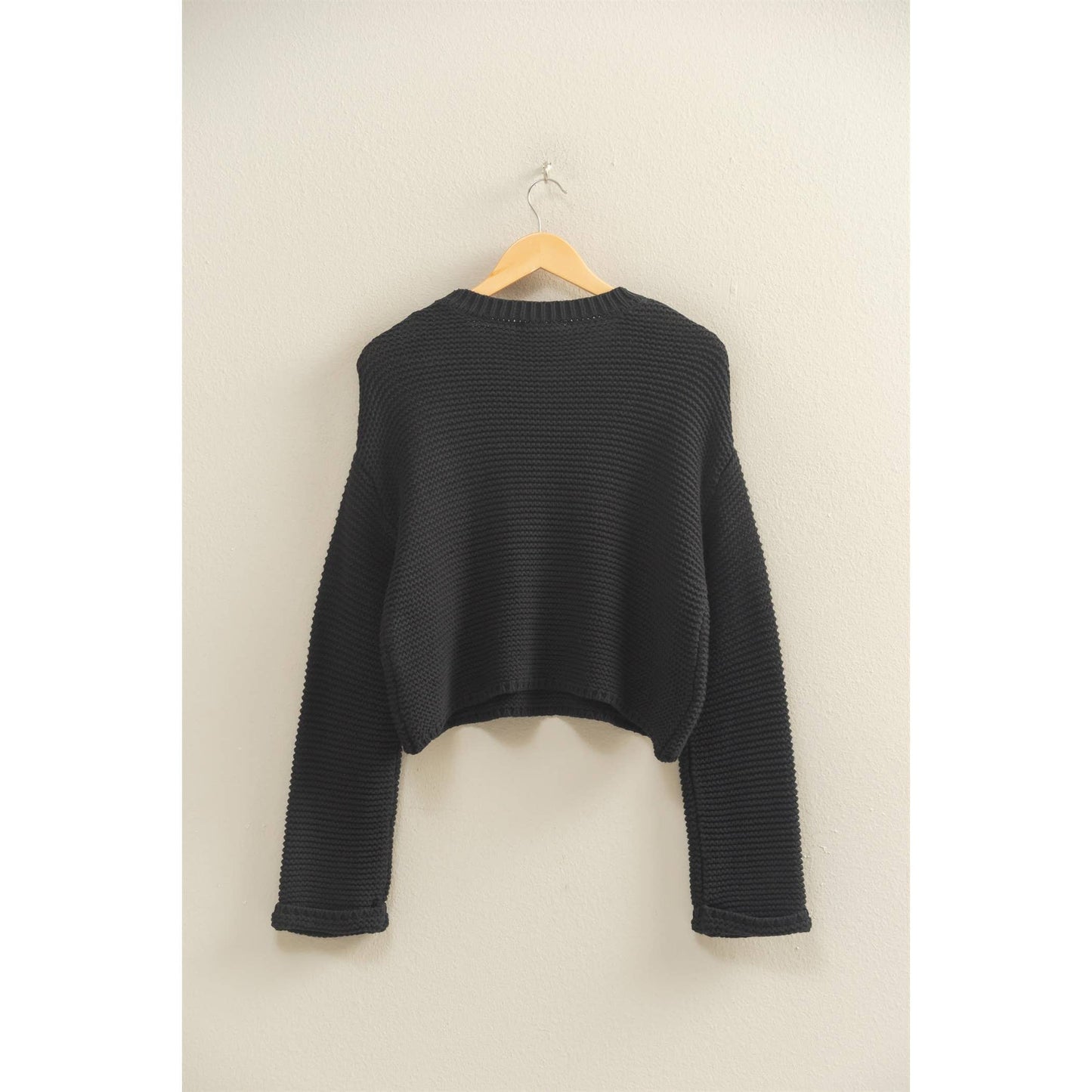 Black Textured Knit Crew Neck Drop Shoulder Sweater