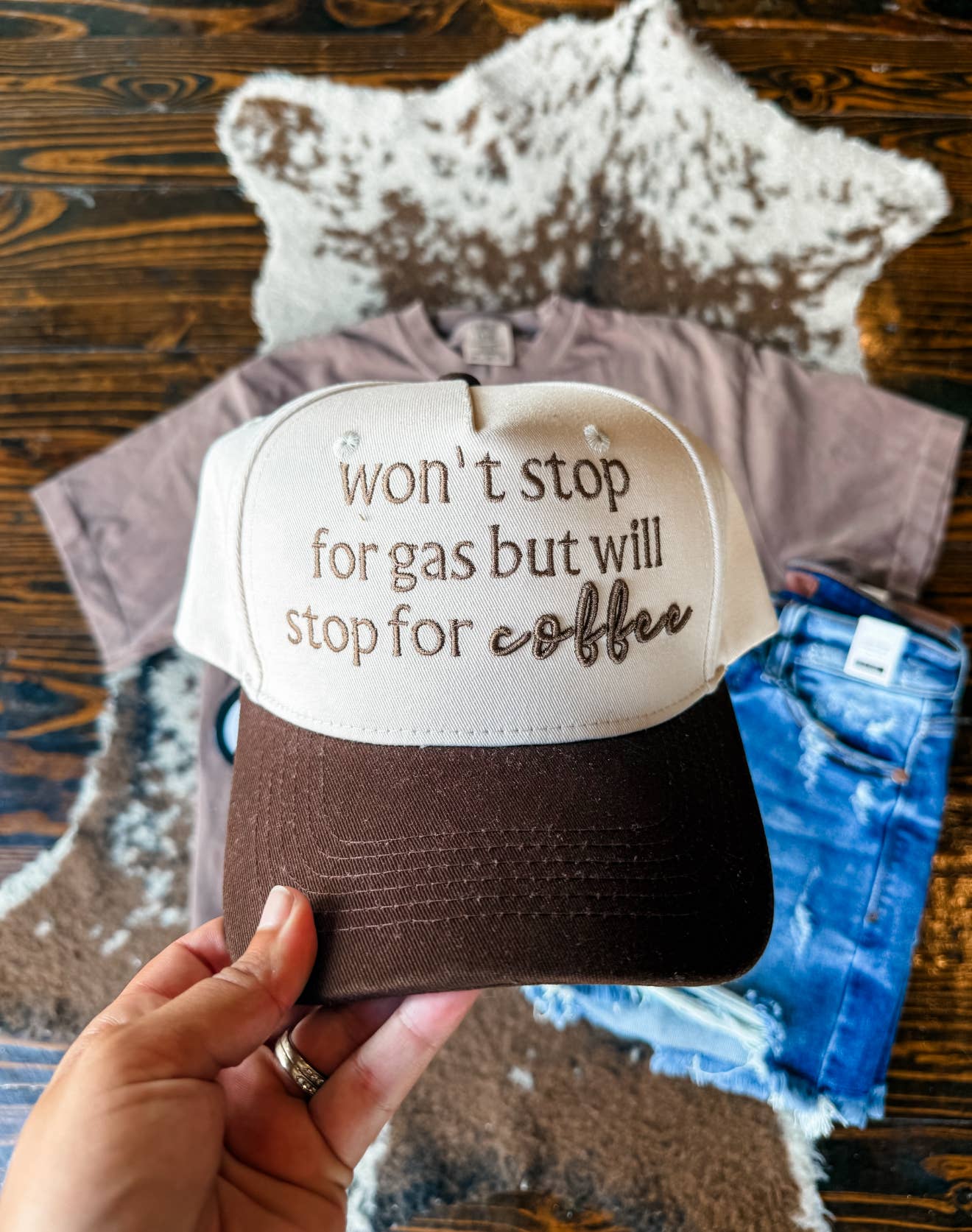 Won’t Stop For Gas Will For Coffee Embroidered Trucker hat
