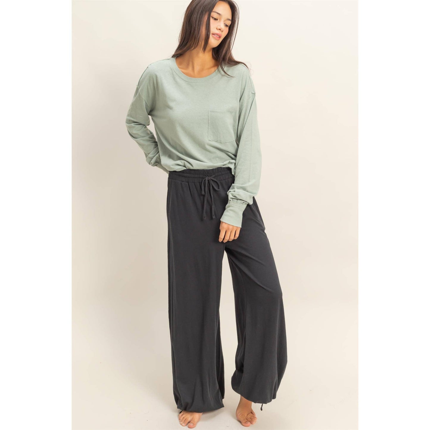 Charcoal High Waist Drawstring Wide Leg Pants