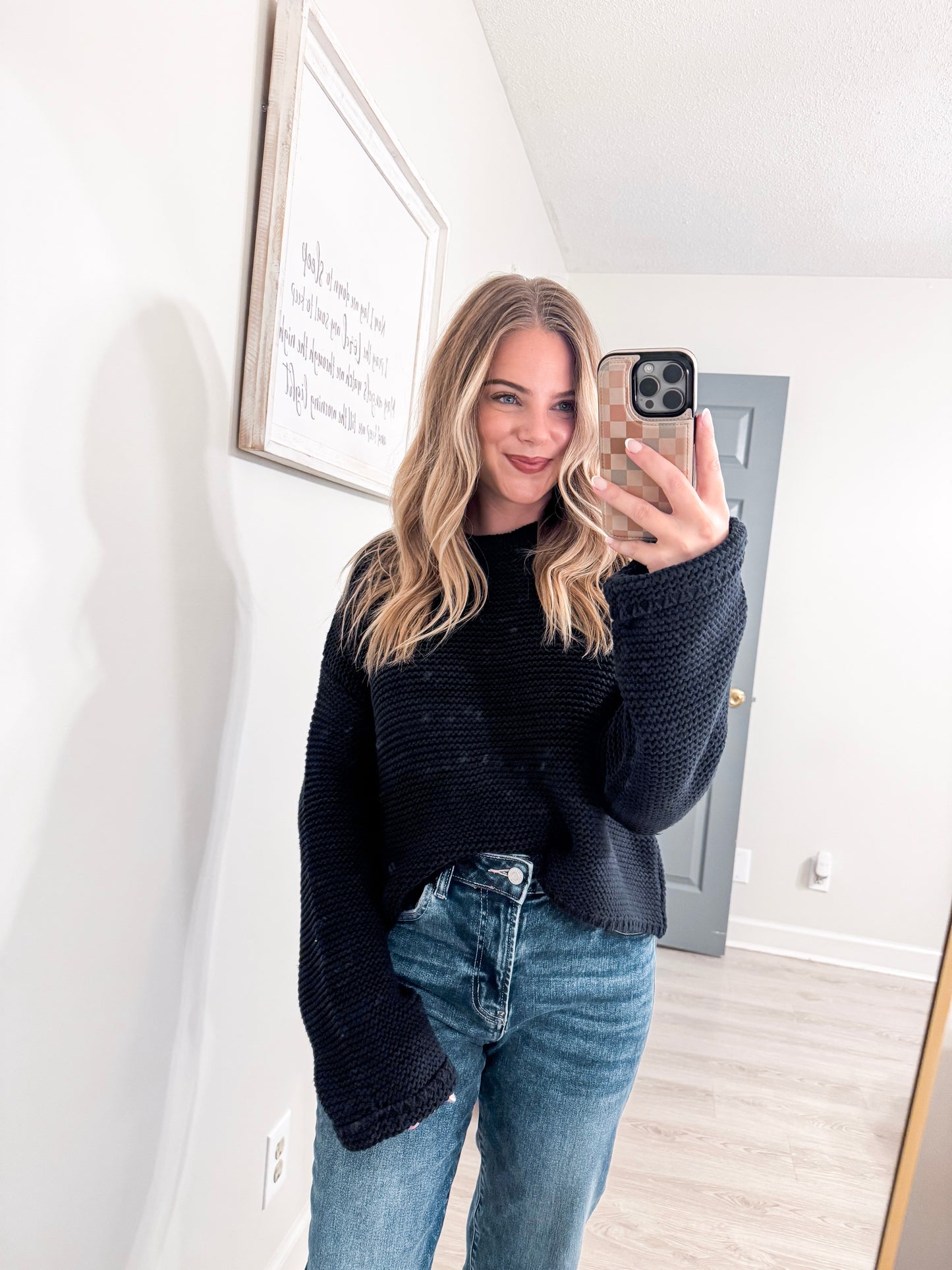 Black Textured Knit Crew Neck Drop Shoulder Sweater