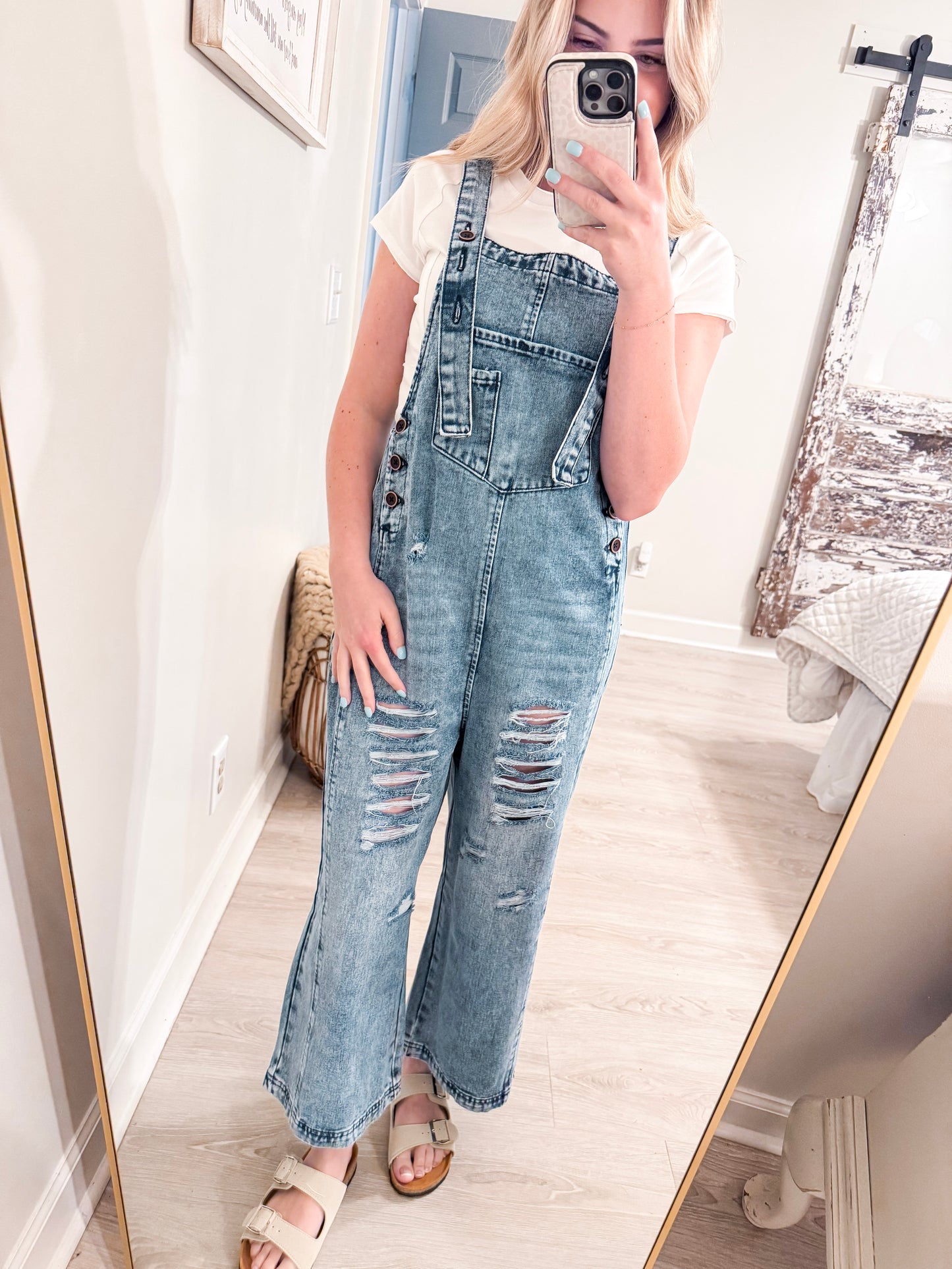 Denim Distressed Overalls