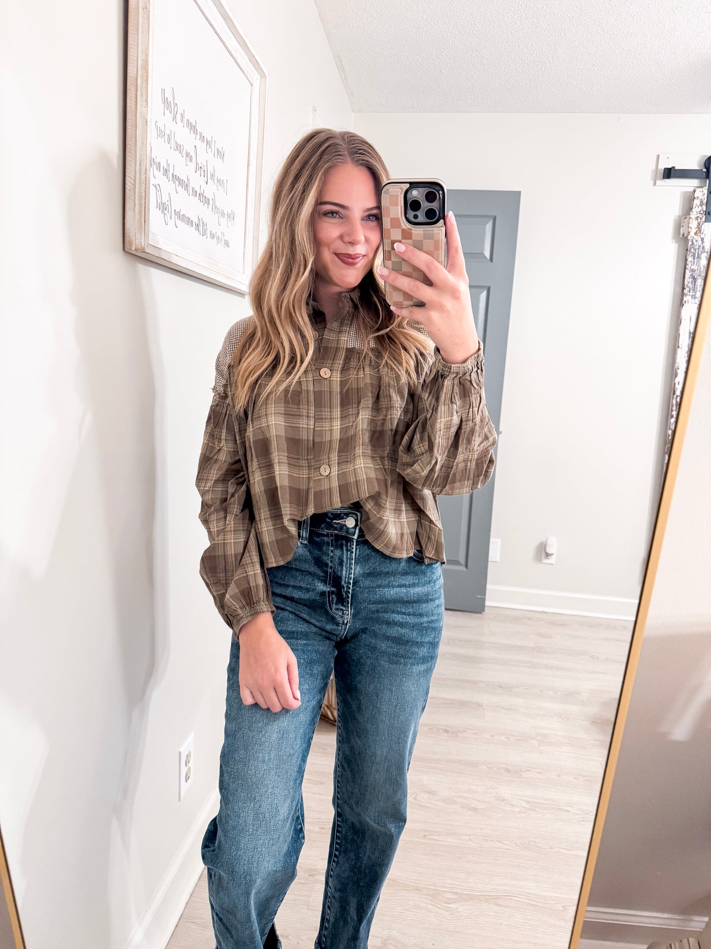 Oversized Plaid Button Front Ruffled Seam Shirt
