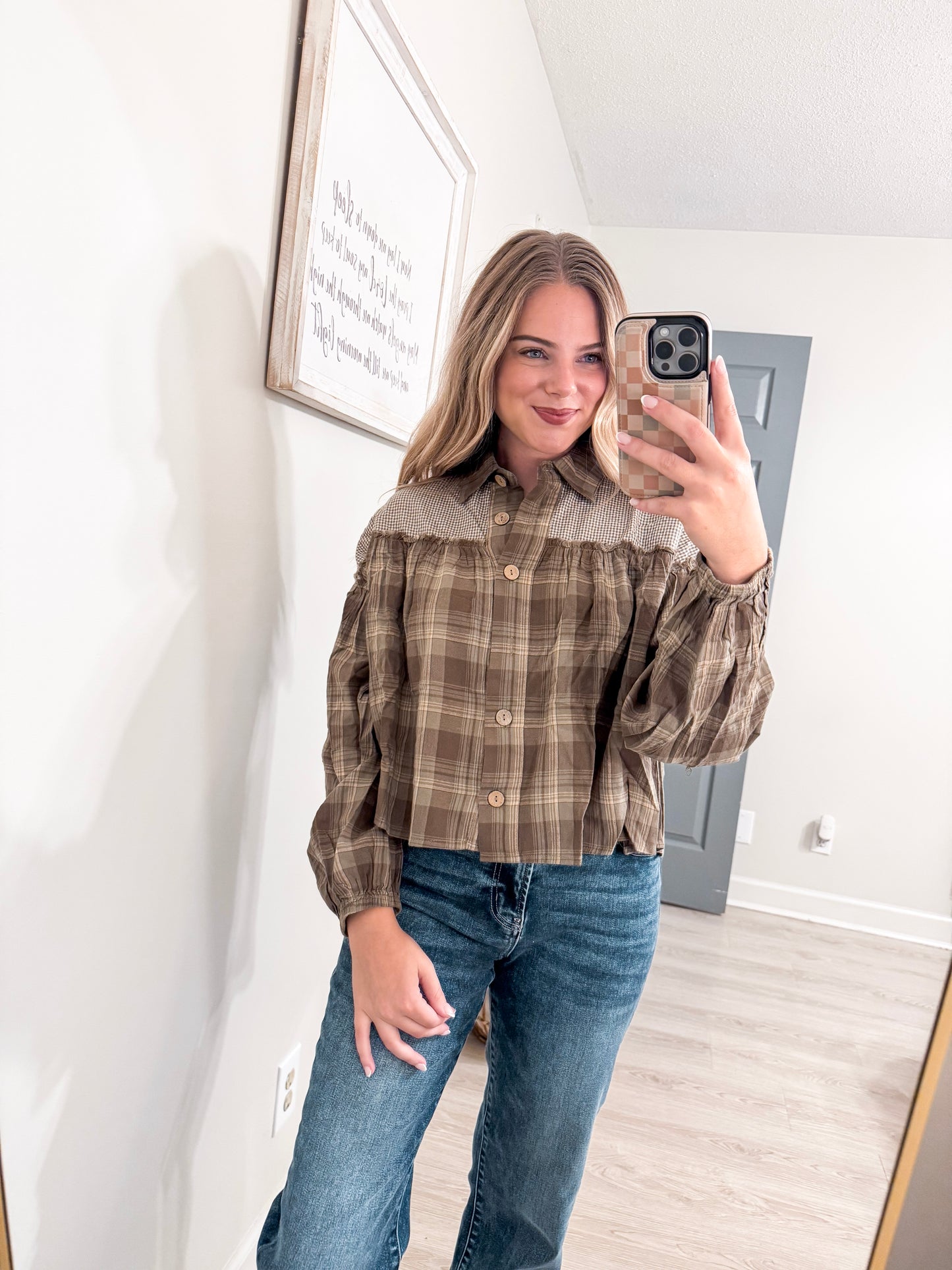 Oversized Plaid Button Front Ruffled Seam Shirt