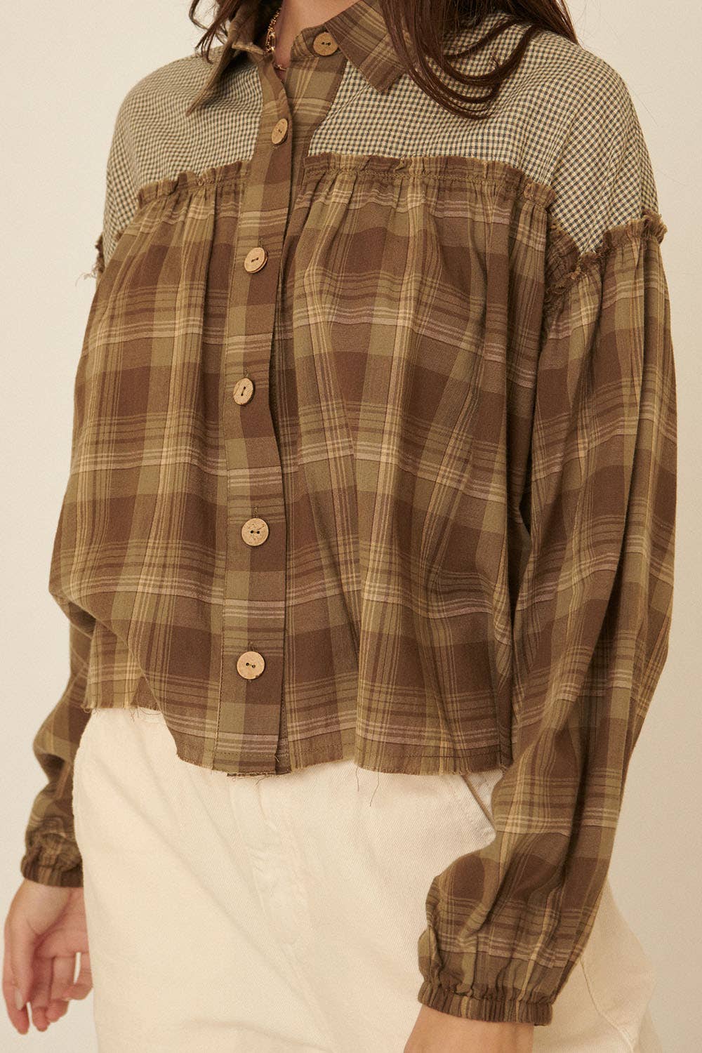 Oversized Plaid Button Front Ruffled Seam Shirt