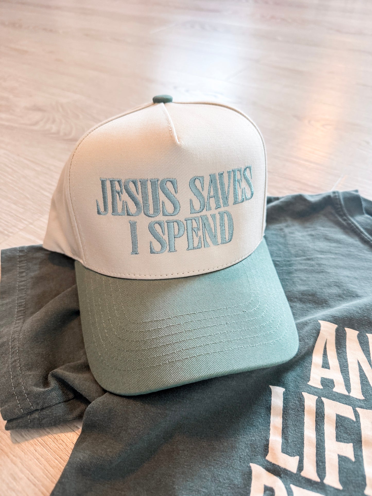 JESUS SAVES I SPEND Embroidery Trucker Hat