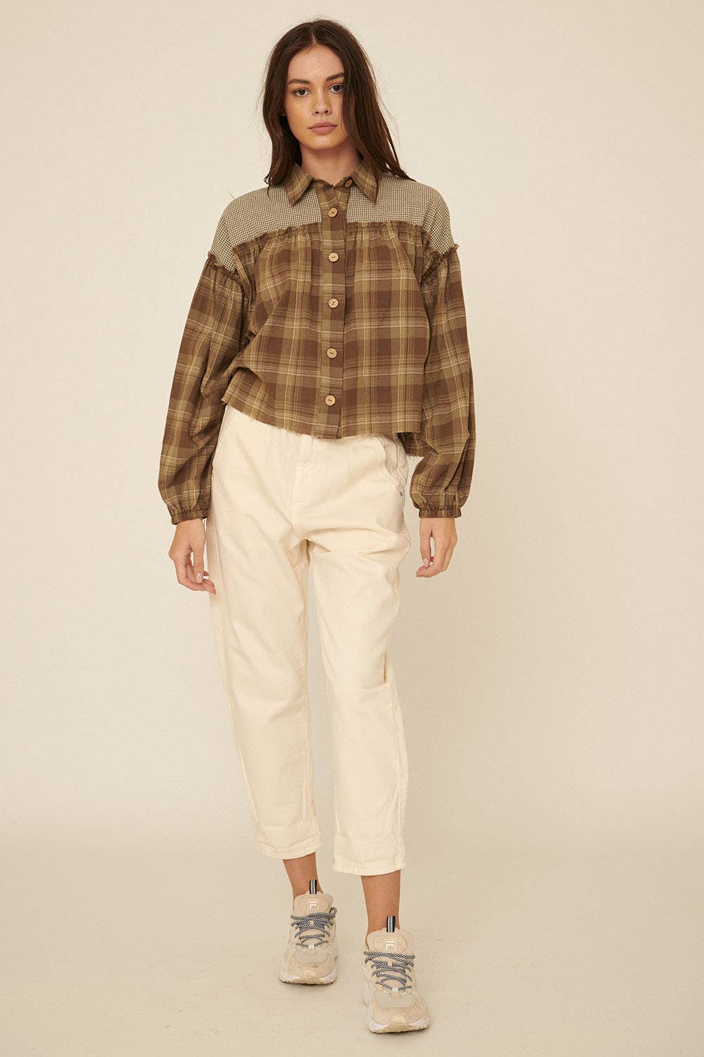 Oversized Plaid Button Front Ruffled Seam Shirt