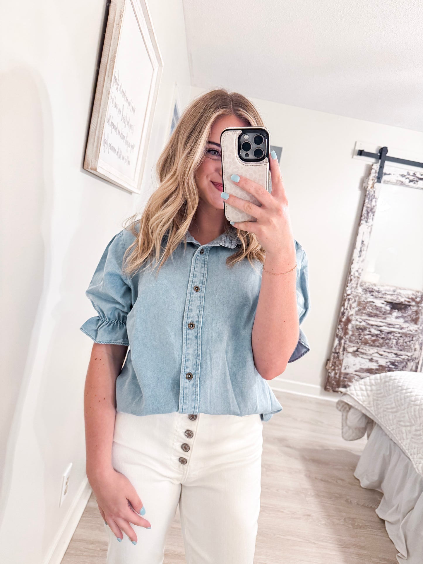 Blue Ruffle Puff Sleeve Shirt