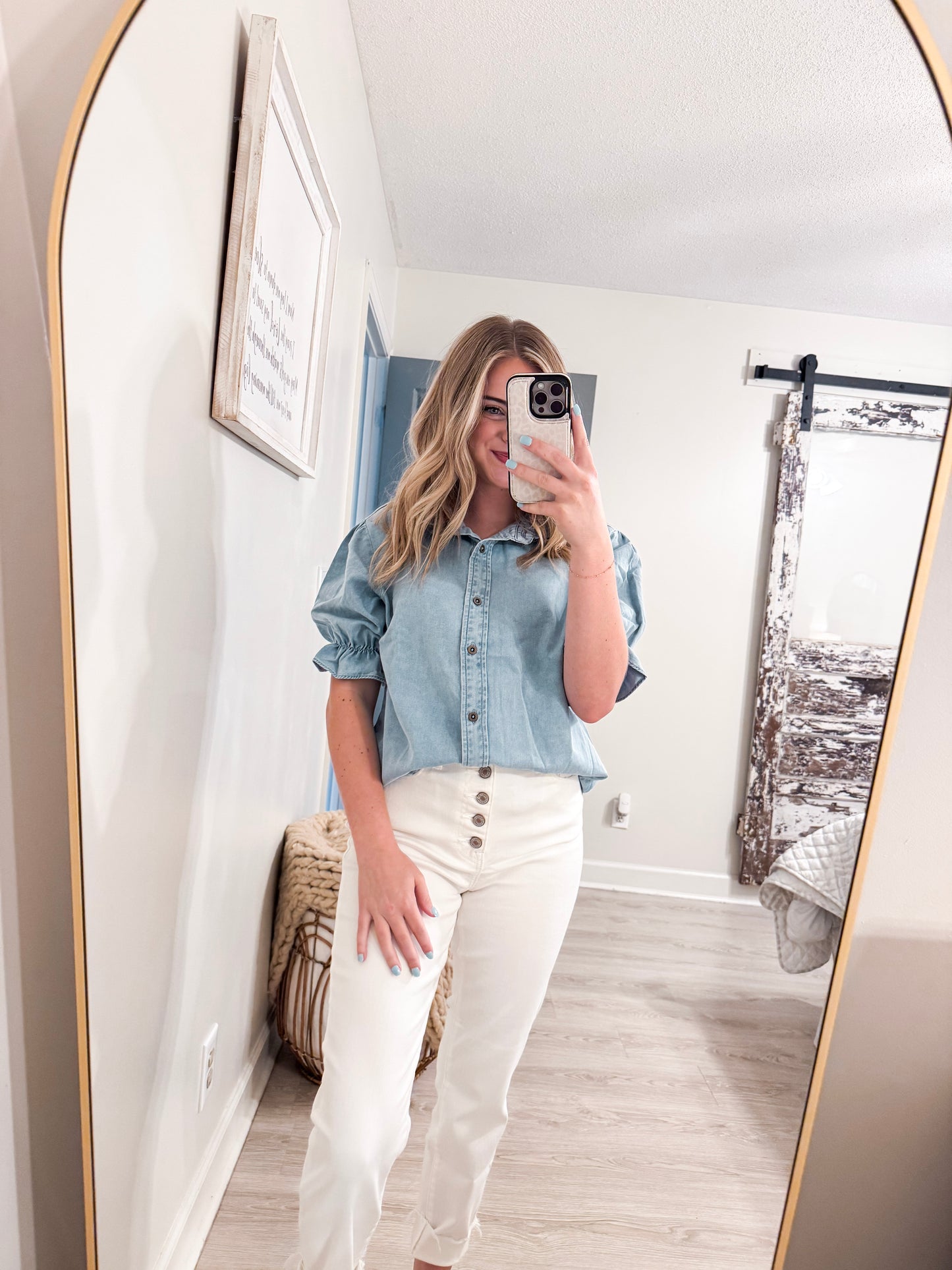 Blue Ruffle Puff Sleeve Shirt