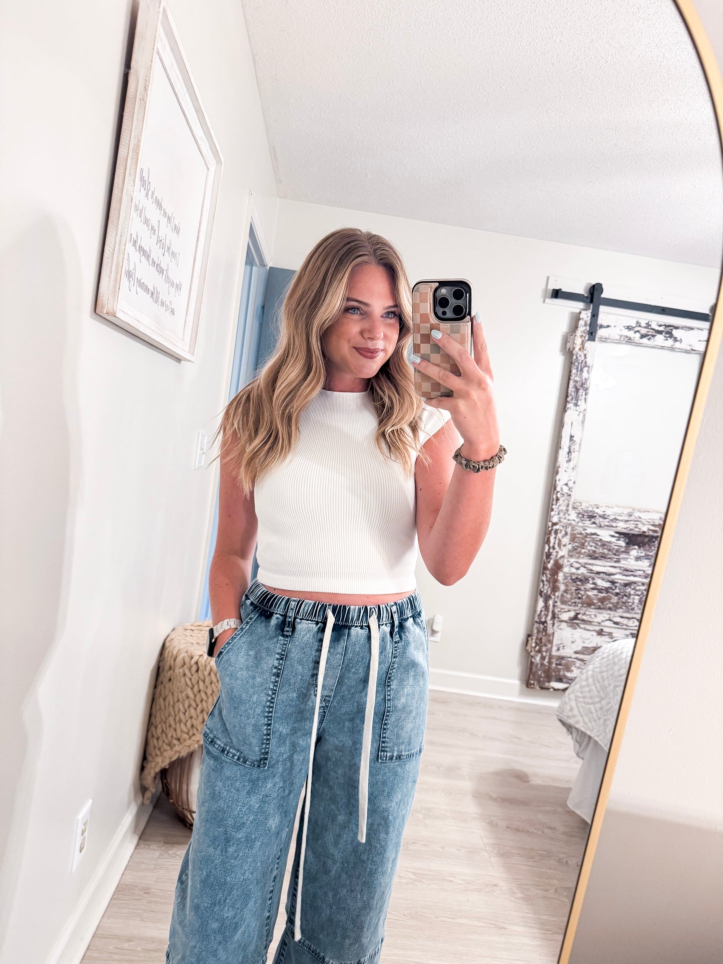 White Cropped Ribbed Shirt