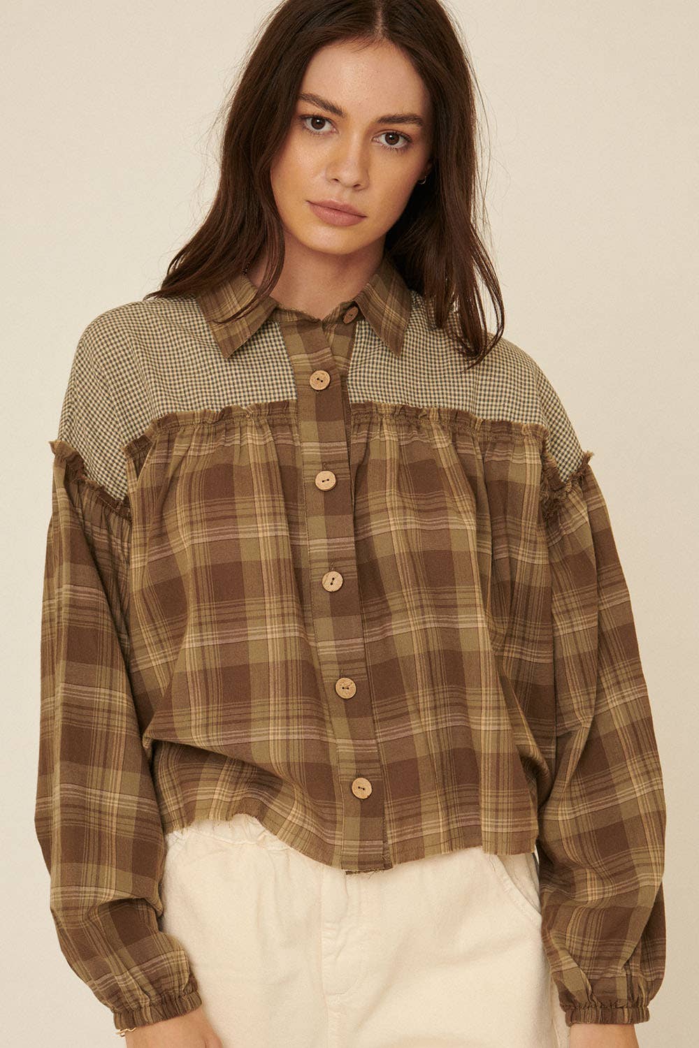Oversized Plaid Button Front Ruffled Seam Shirt