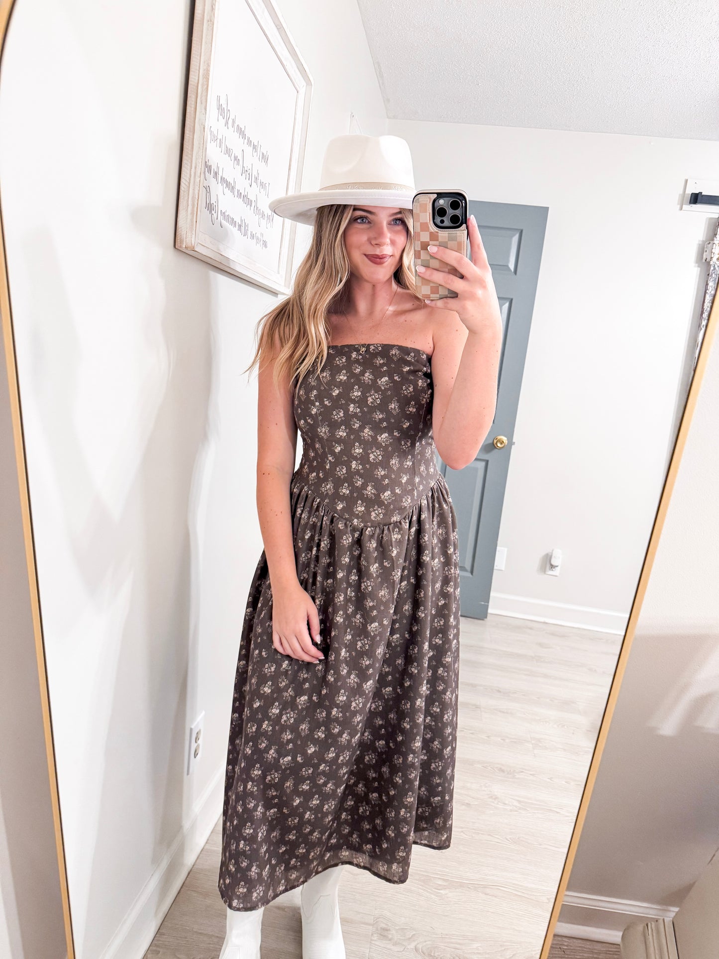 STRAPLESS DROPPED WAISTED LACE TRIM DETAIL MIDI DRESS
