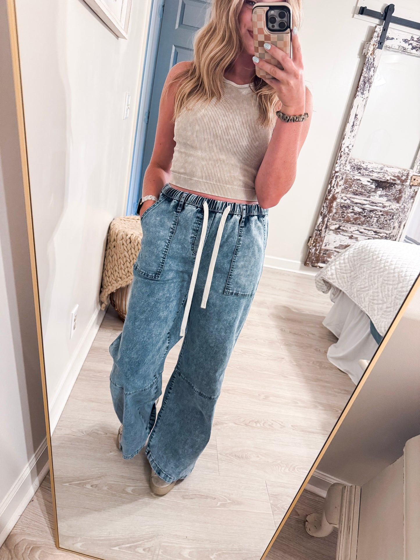 Denim Acid Washed Drawstring Pants