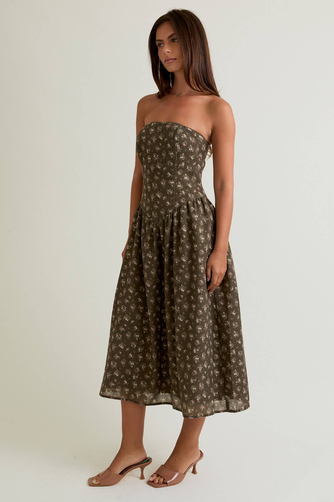 STRAPLESS DROPPED WAISTED LACE TRIM DETAIL MIDI DRESS