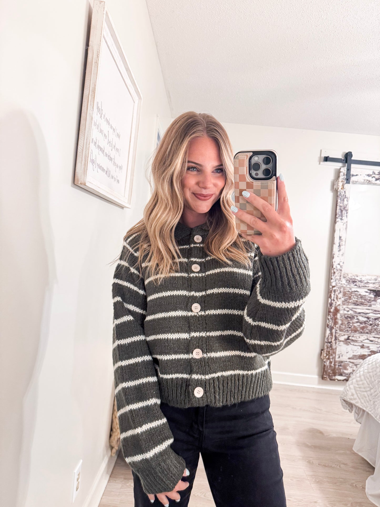 Olive Stripped Button Sweater