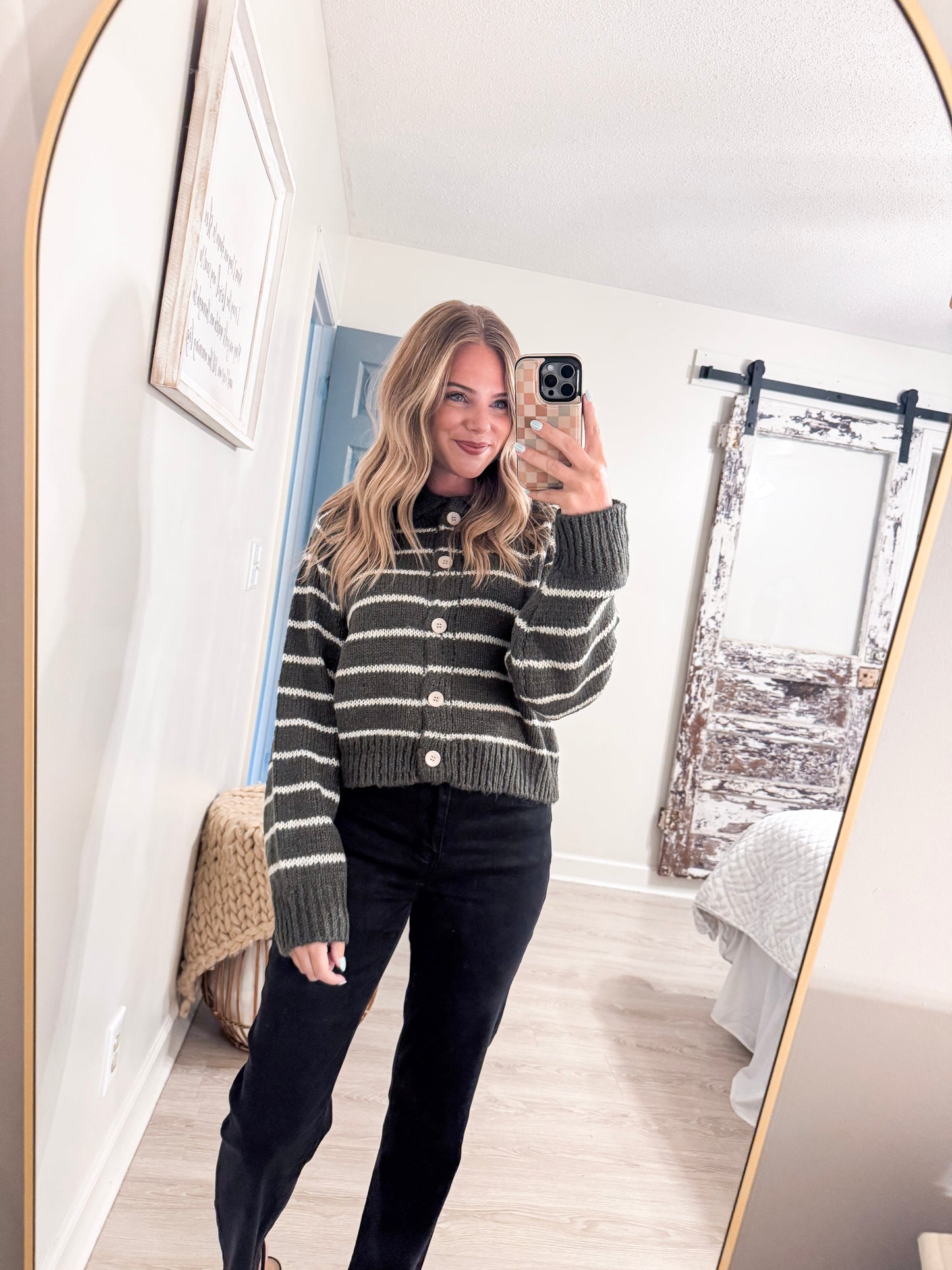 Olive Stripped Button Sweater