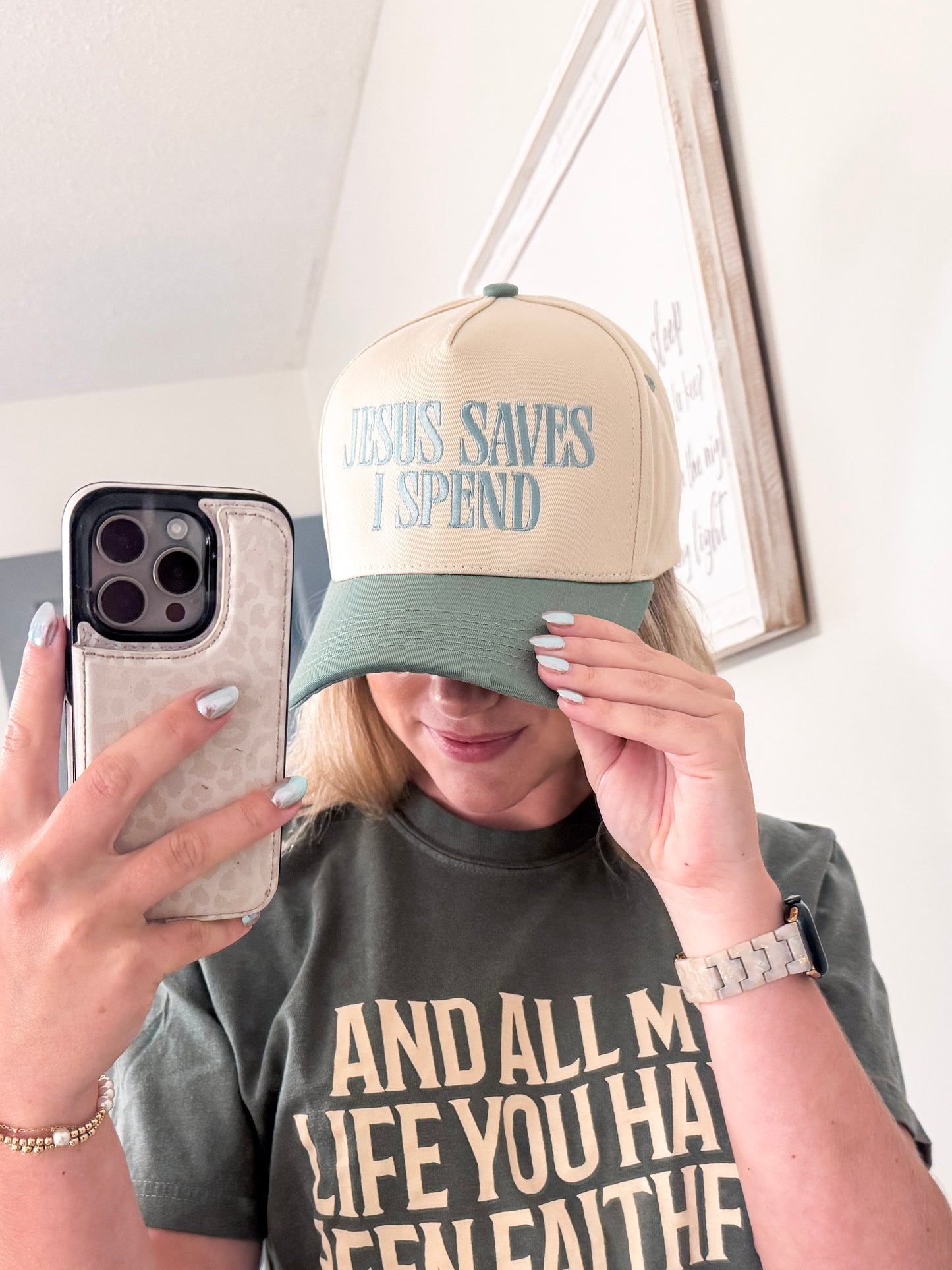 JESUS SAVES I SPEND Embroidery Trucker Hat