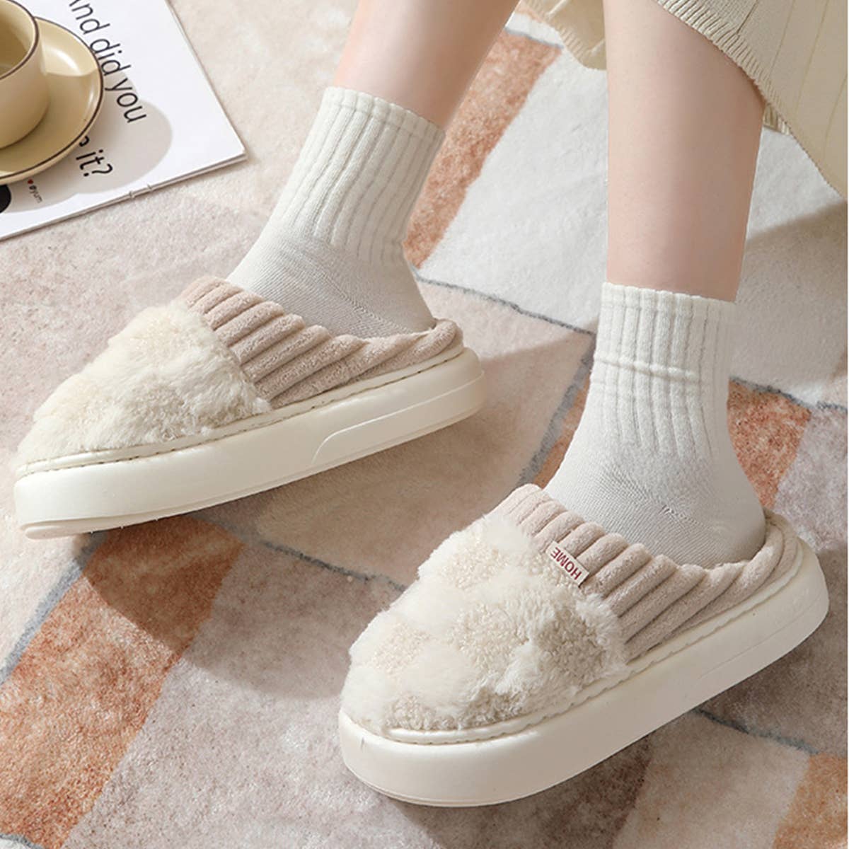 Checkered Fuzzy Warm Slippers