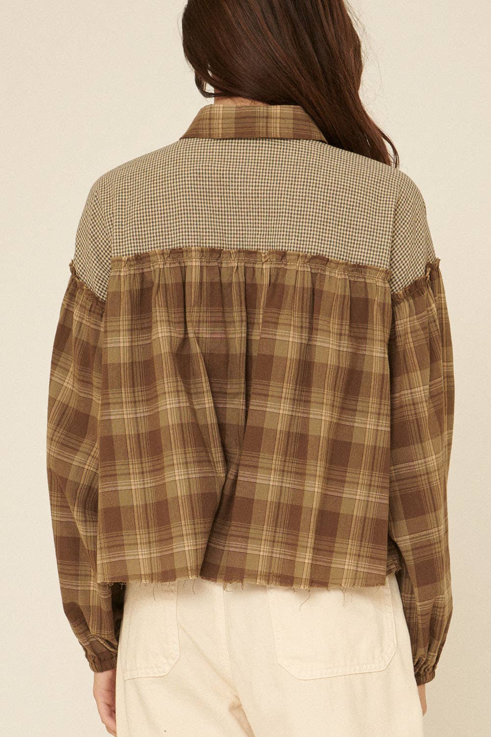 Oversized Plaid Button Front Ruffled Seam Shirt