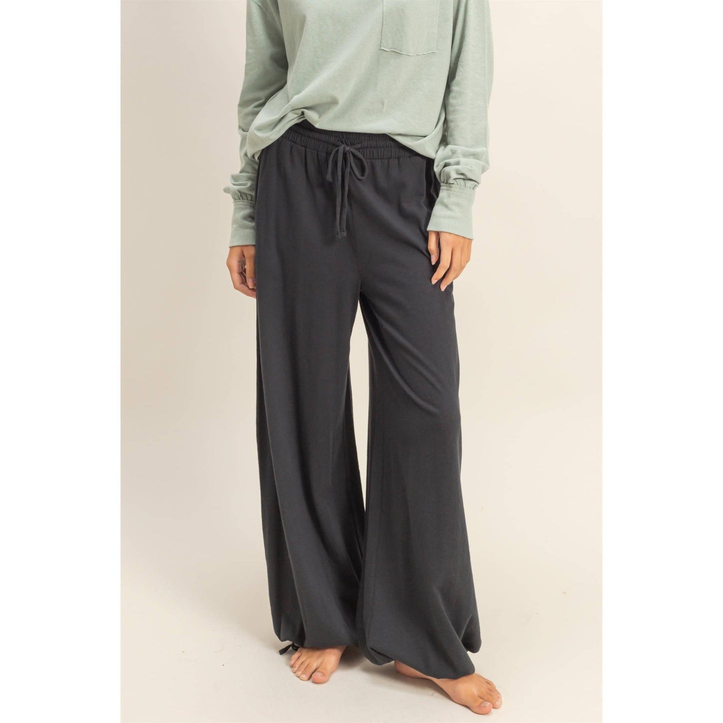 Charcoal High Waist Drawstring Wide Leg Pants