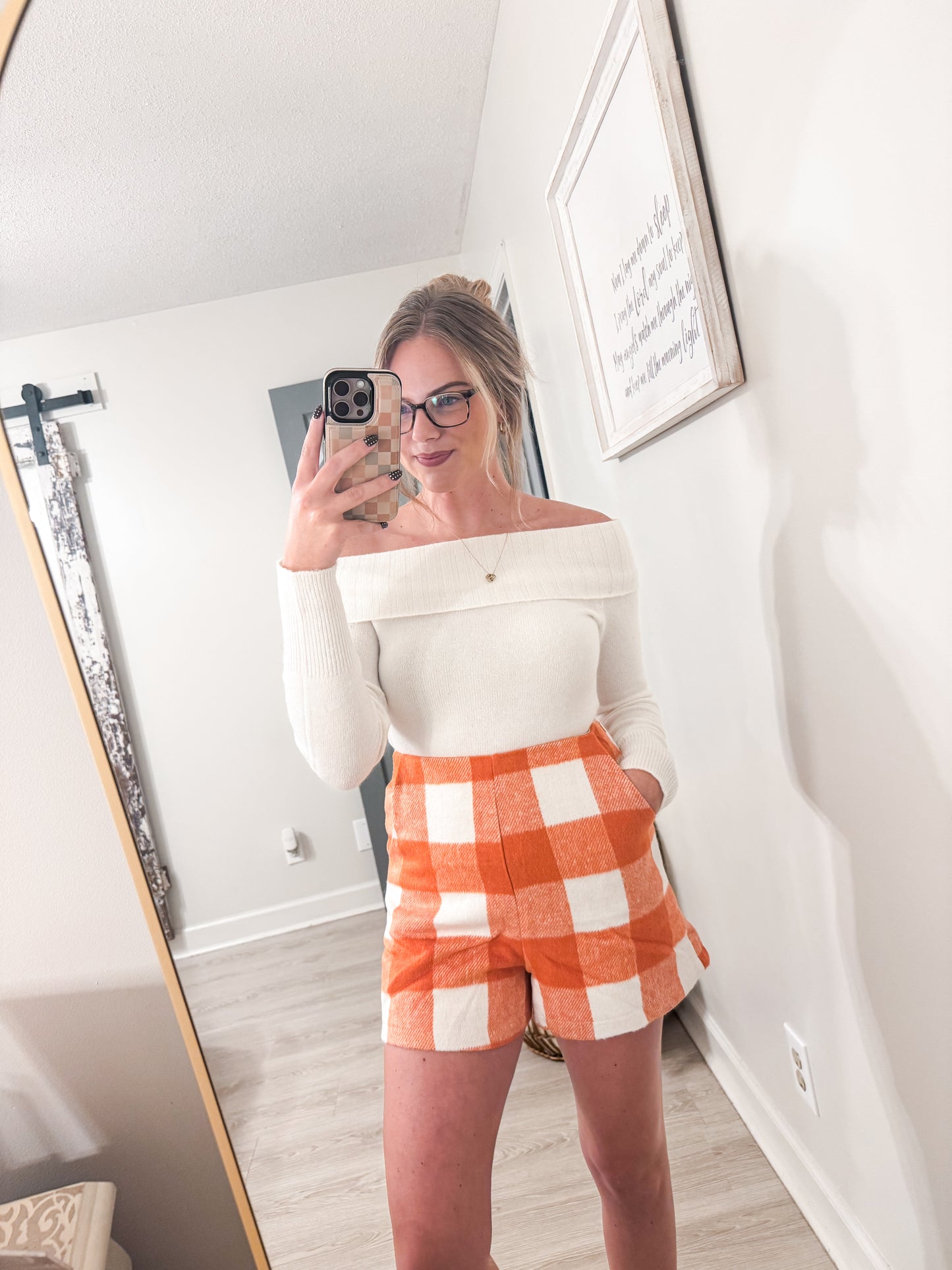Orange Brushed Plaid High Rise A Line Shorts