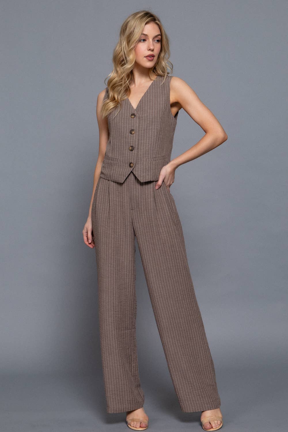 Straight Stripe Linen Effect Long Pants