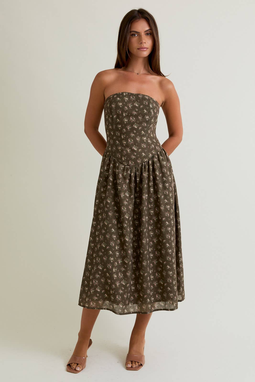 STRAPLESS DROPPED WAISTED LACE TRIM DETAIL MIDI DRESS