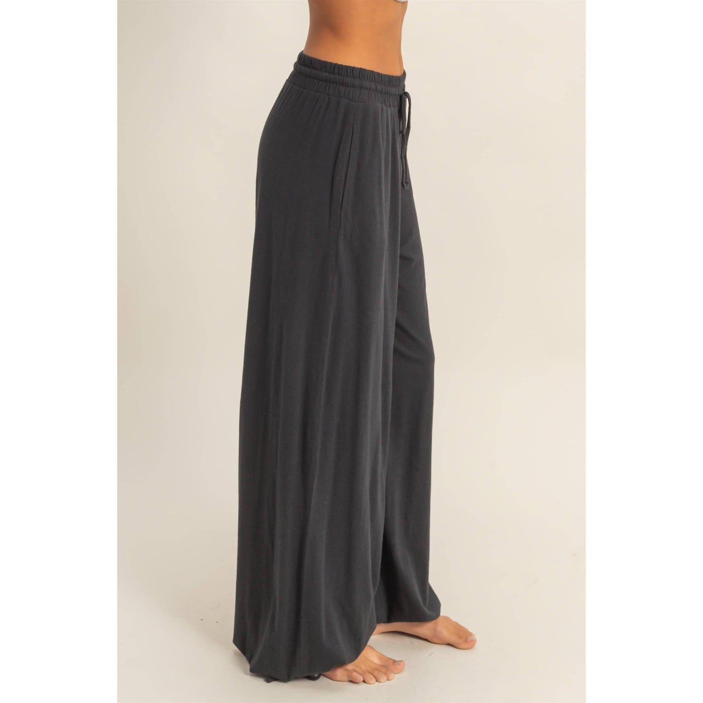 Charcoal High Waist Drawstring Wide Leg Pants