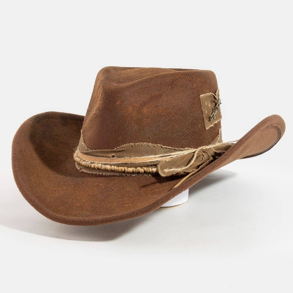 Safety Pin And Rustic Strap Patched Western Cowboy Hat