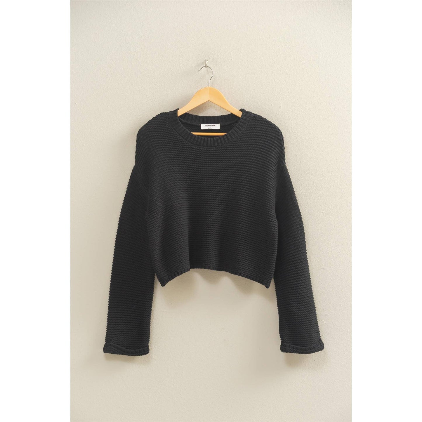 Black Textured Knit Crew Neck Drop Shoulder Sweater