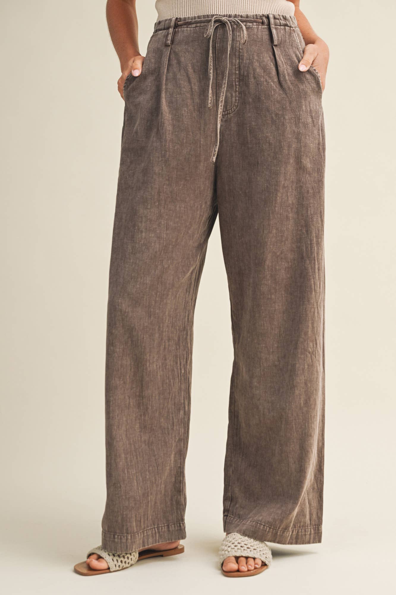 GARMENT-DYED AND WASHED PANTS WITH WAIST TIE