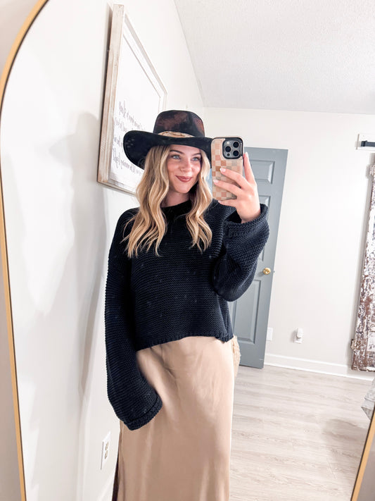 Black Textured Knit Crew Neck Drop Shoulder Sweater