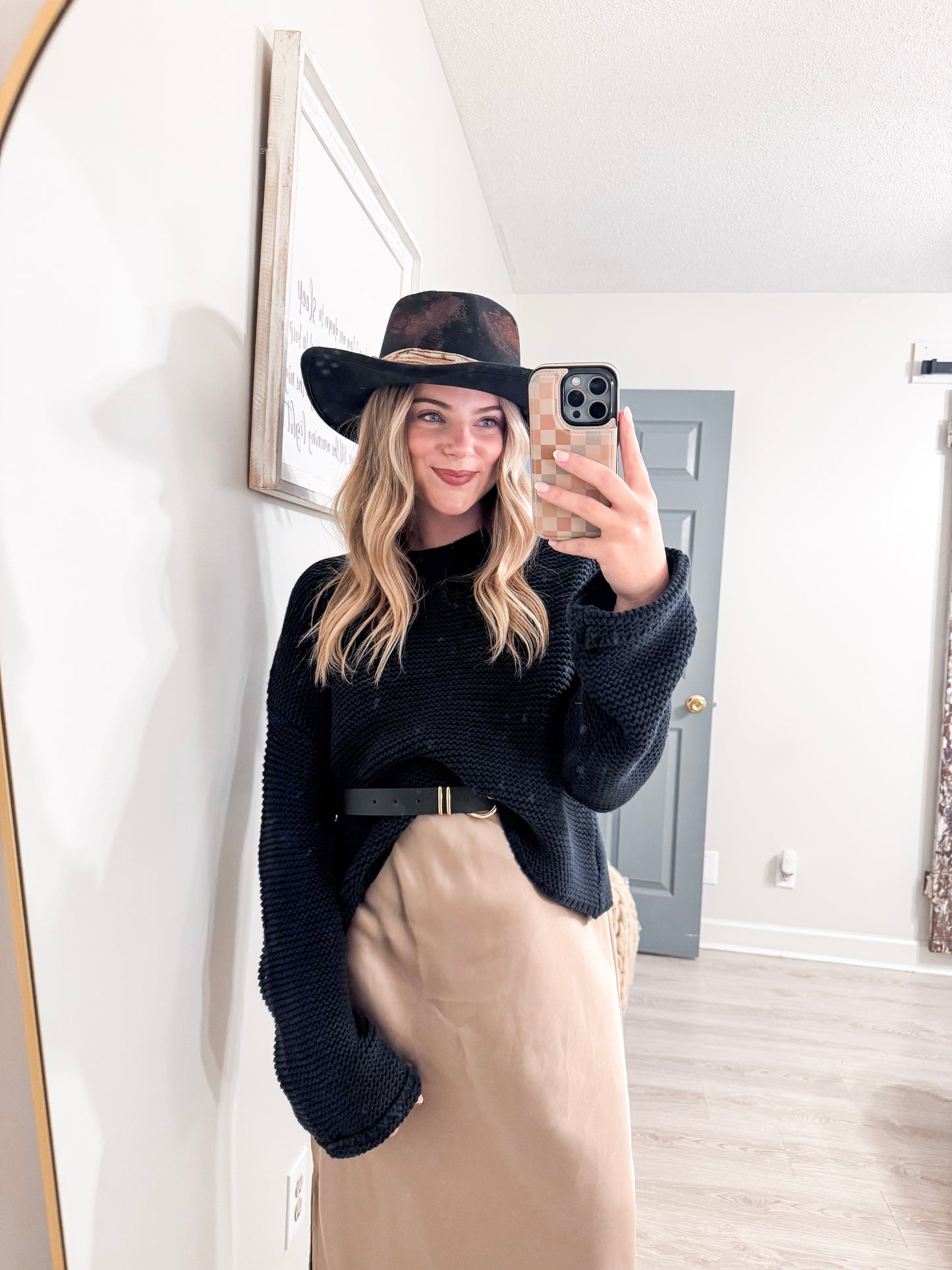Black Textured Knit Crew Neck Drop Shoulder Sweater