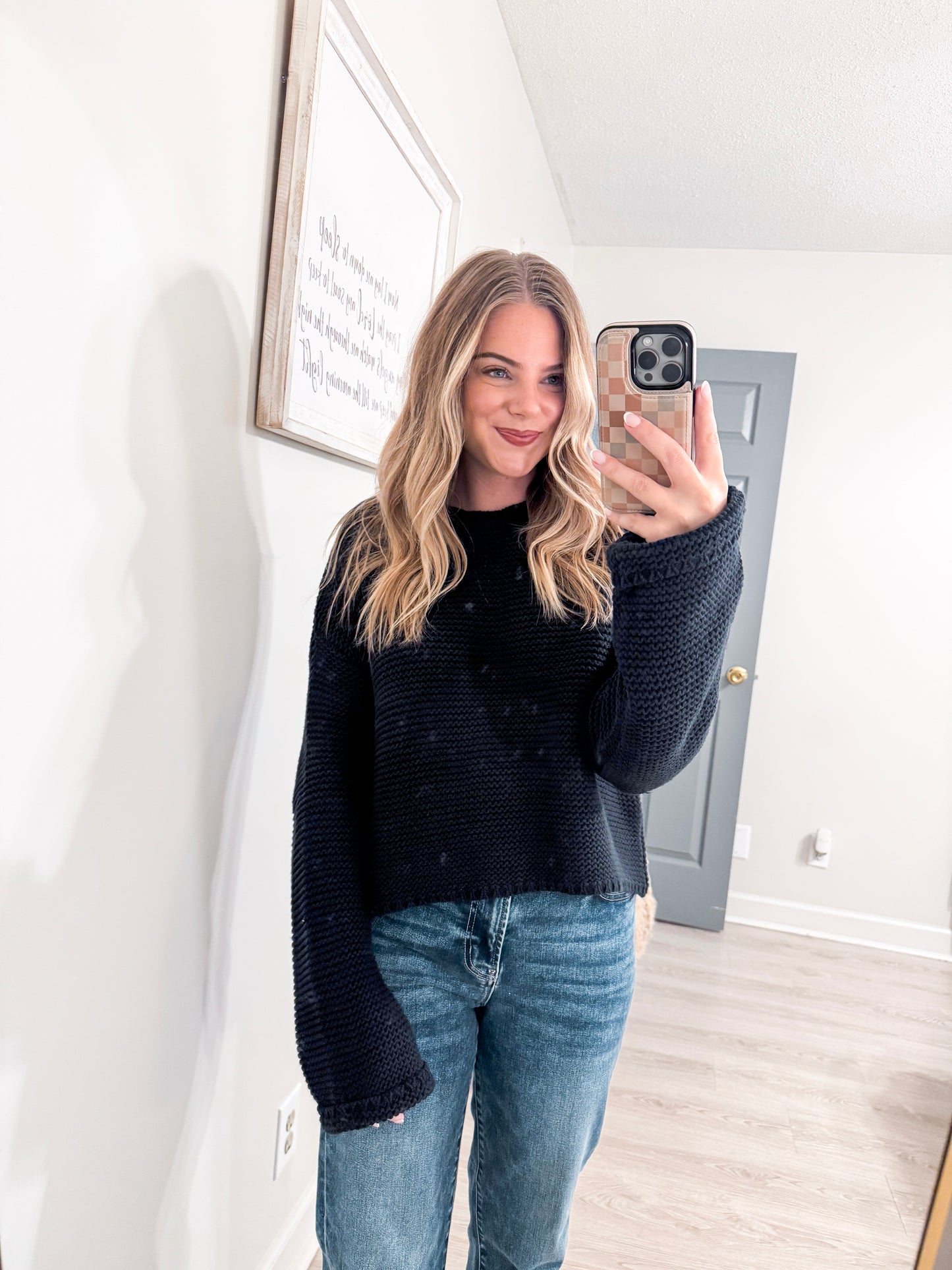 Black Textured Knit Crew Neck Drop Shoulder Sweater