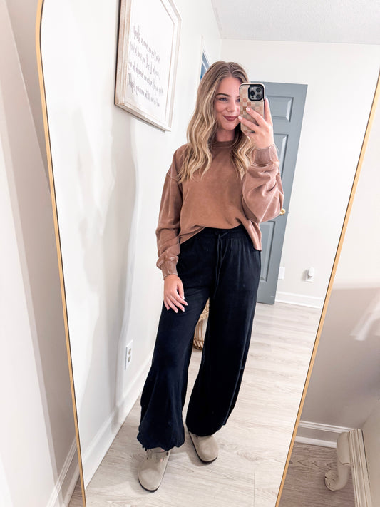 Charcoal High Waist Drawstring Wide Leg Pants