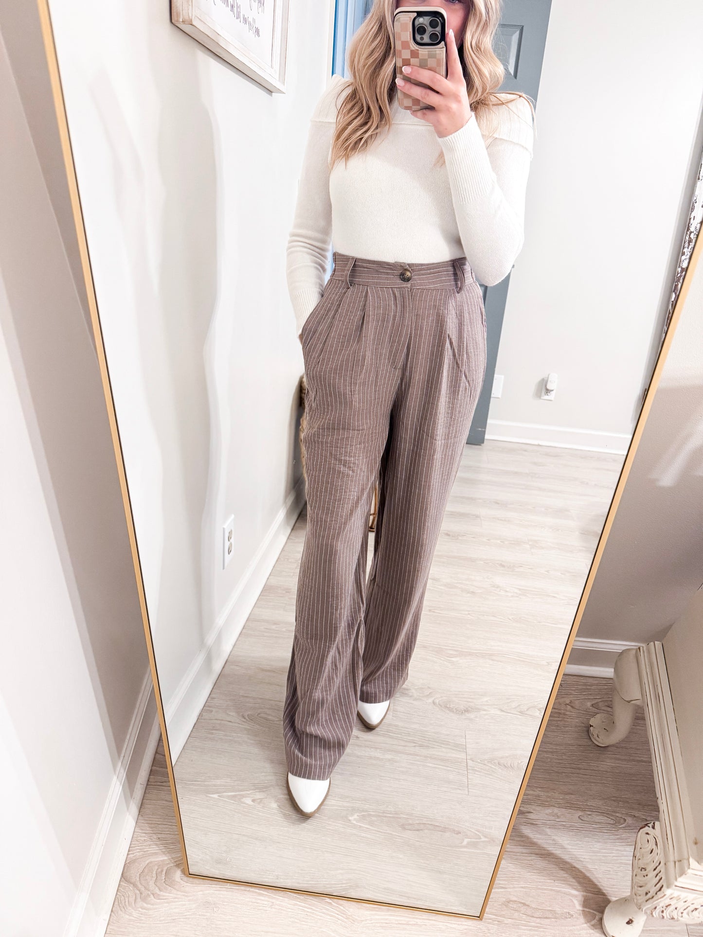 Straight Stripe Linen Effect Long Pants