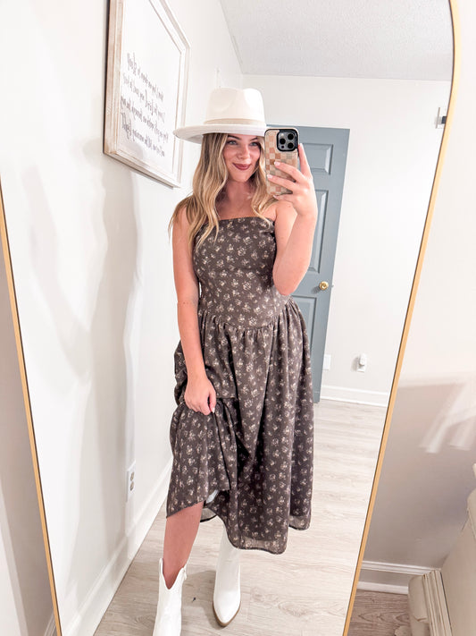 STRAPLESS DROPPED WAISTED LACE TRIM DETAIL MIDI DRESS
