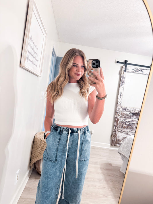 White Cropped Ribbed Shirt
