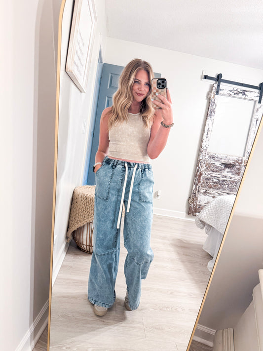 Denim Acid Washed Drawstring Pants