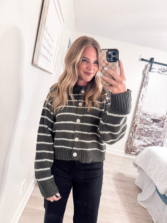 Olive Stripped Button Sweater