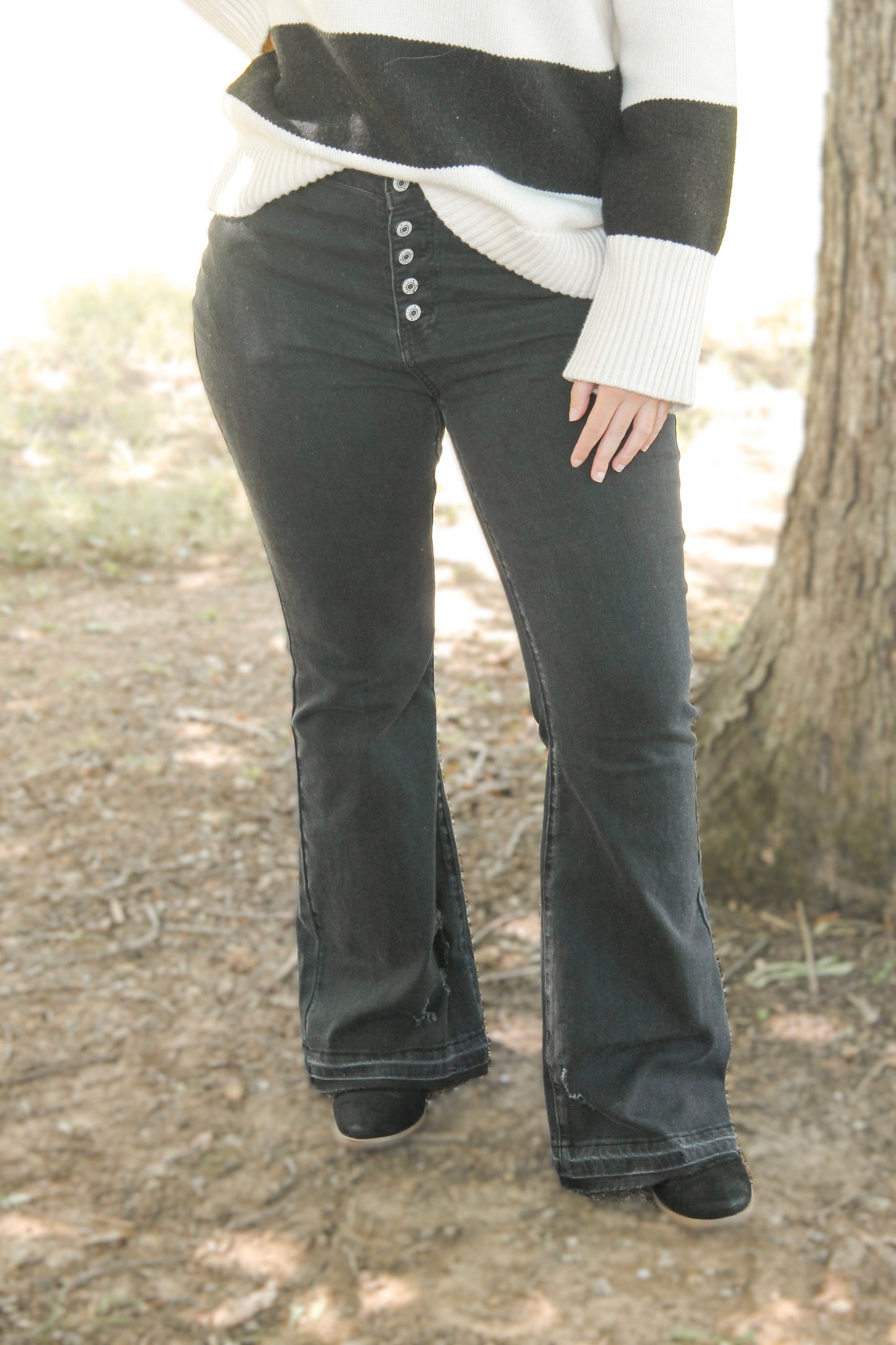 Black Button Flare Jeans