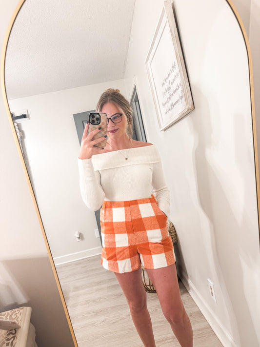 Orange Brushed Plaid High Rise A Line Shorts