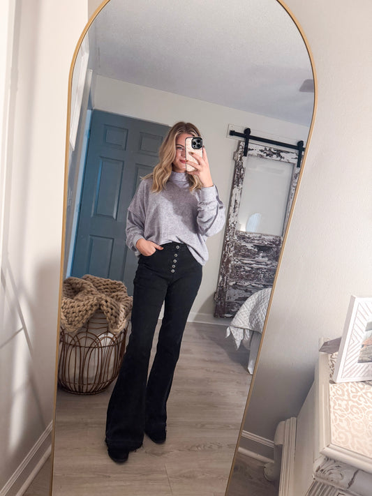 Black Button Flare Jeans