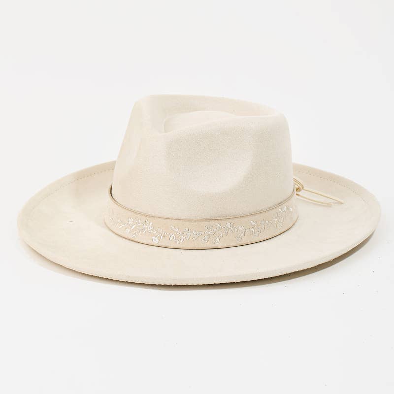 Embroidered Flower Strap Fedora Hat